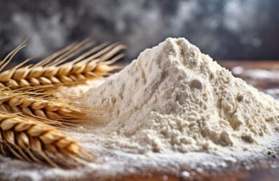 Farinha de trigo ao lado de espigas de trigo sobre superfície rústica, representando a moagem de trigo e a indústria alimentícia no Brasil.