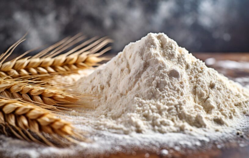 Farinha de trigo ao lado de espigas de trigo sobre superfície rústica, representando a moagem de trigo e a indústria alimentícia no Brasil.